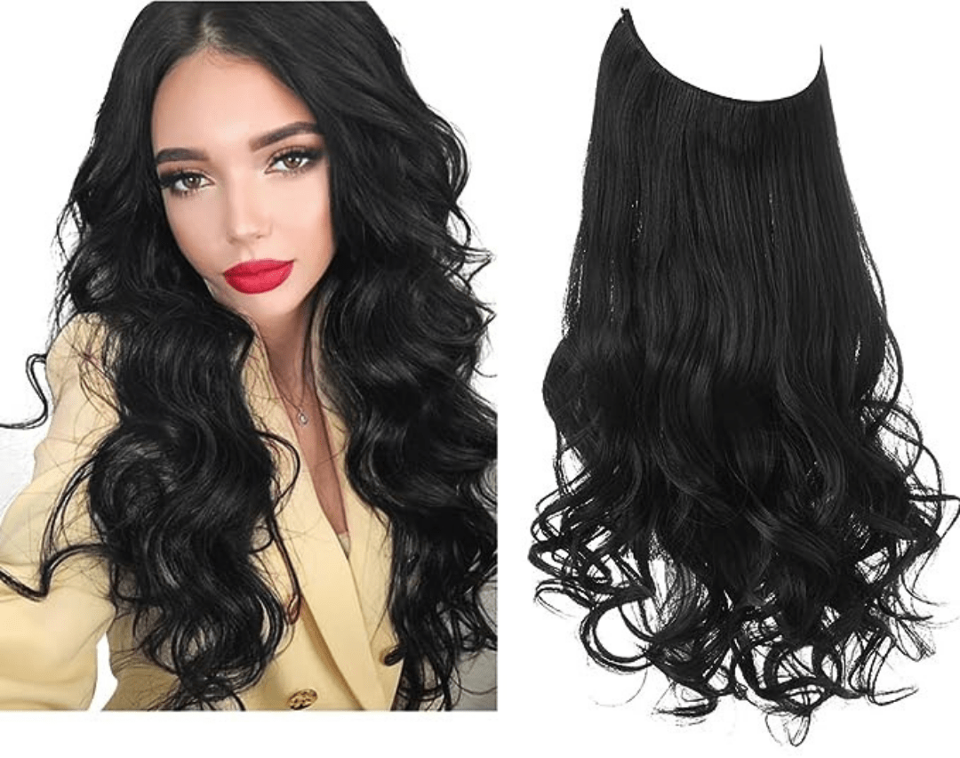 Jet Black 14 Inch Wavy Halo Hair Extensions | Thathair