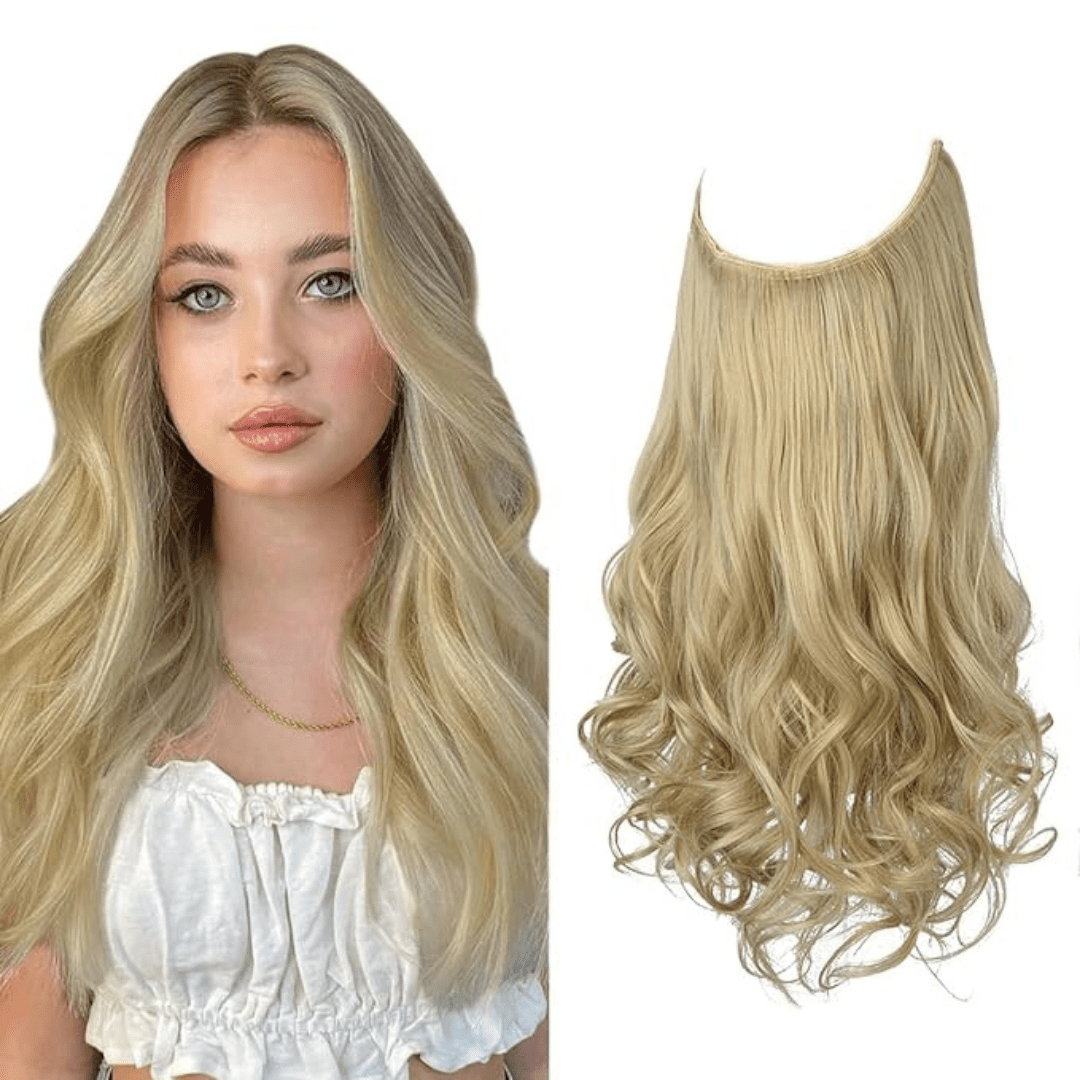 Light Ash Blonde 16 Inch Wavy Halo Hair Extensions | Thathair